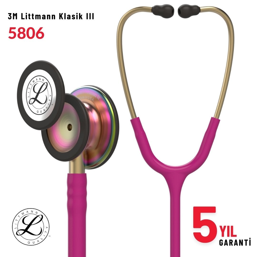 5806 3M™ Littmann® Classic III™ Stetoskop, Gökkuşağı Çan, Fuşya Hortum