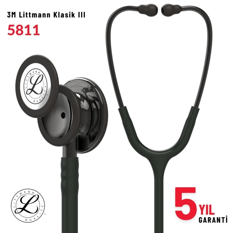 5811 3M™ Littmann® Classic III™ Stetoskop, Duman Siyahı Çan, Siyah Hortum