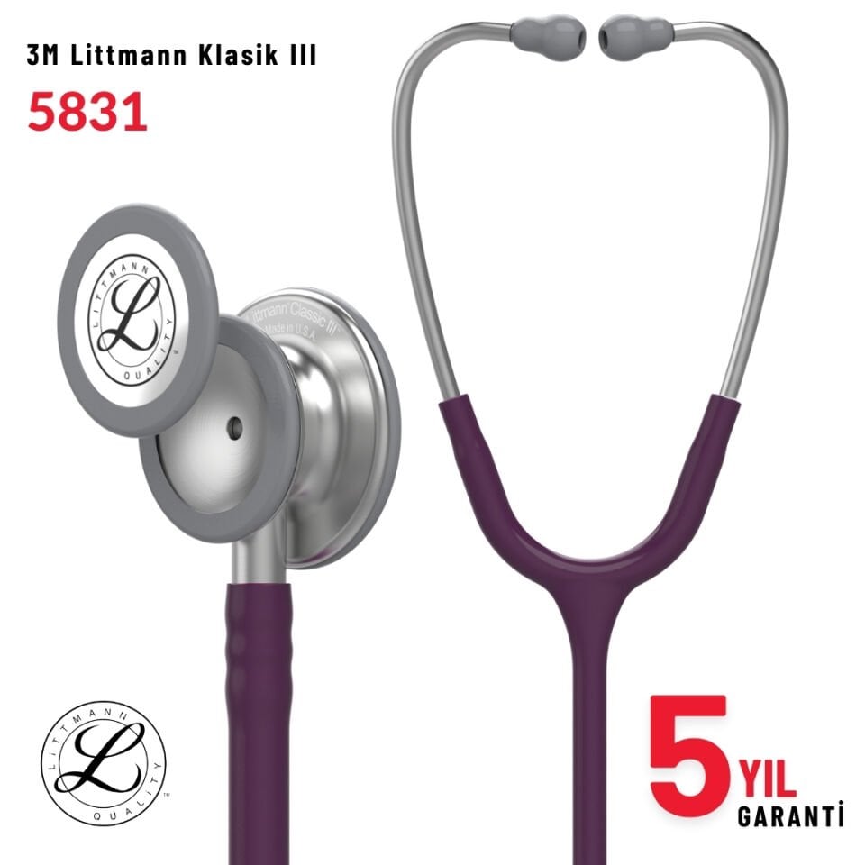 5831 3M™ Littmann® Classic III™ Stetoskop, Paslanmaz Çelik Çan, Mürdüm Hortum