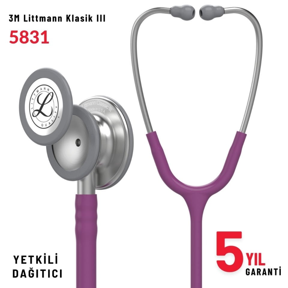 5831 3M™ Littmann® Classic III™ Stetoskop, Paslanmaz Çelik Çan, Mürdüm Hortum