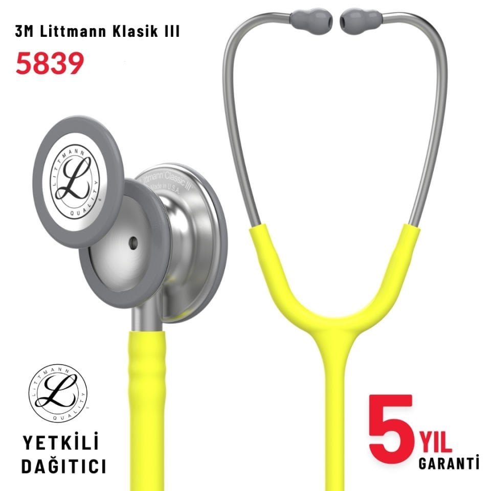 5839 3M™ Littmann® Classic III™ Stetoskop, Paslanmaz Çelik Çan, Limon Sarısı Hortum
