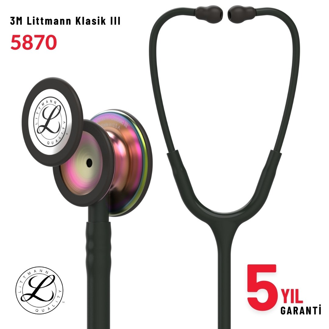 5870 3M™ Littmann® Classic III™ Stetoskop, Gökkuşağı Çan, Siyah Hortum