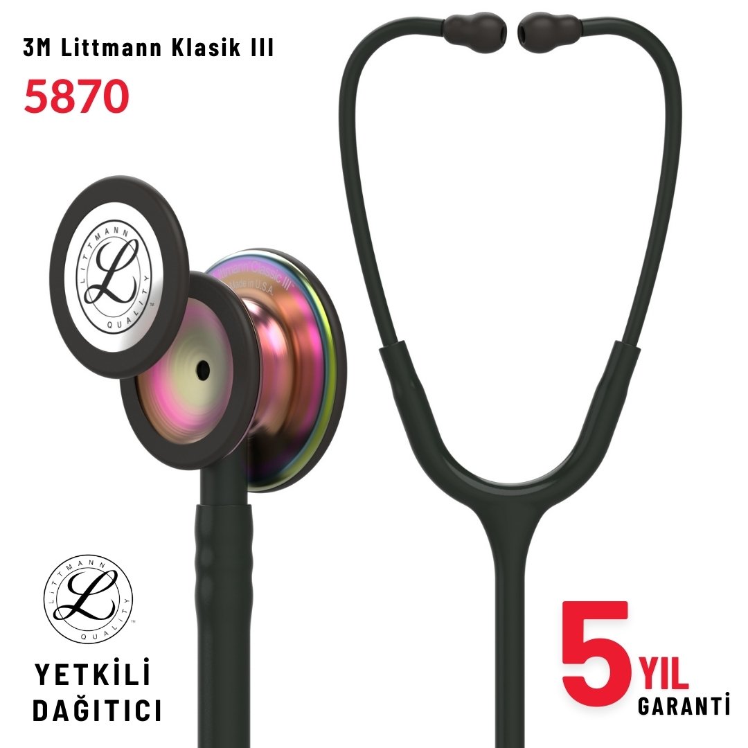 5870 3M™ Littmann® Classic III™ Stetoskop, Gökkuşağı Çan, Siyah Hortum