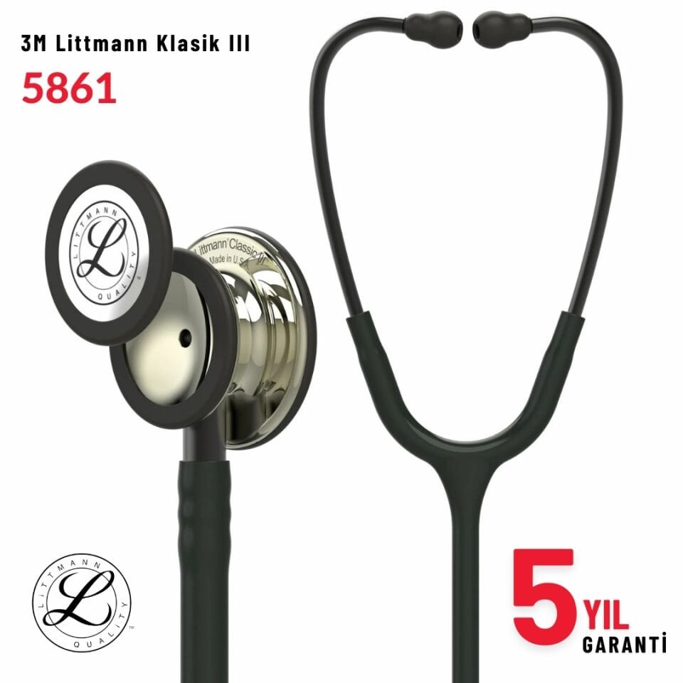 5861 3M™ Littmann® Classic III™ Stetoskop, Şampanya Aynalı Çan, Siyah Hortum