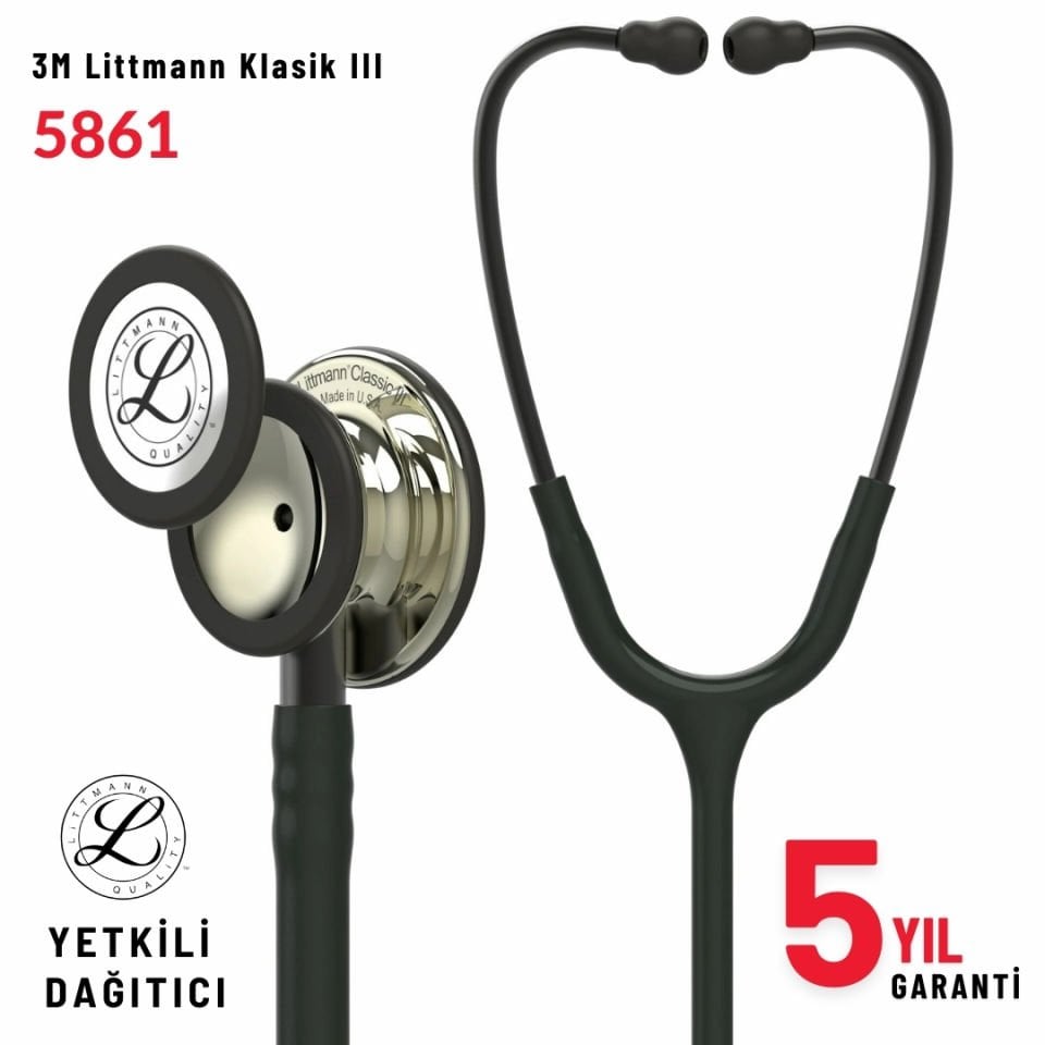 5861 3M™ Littmann® Classic III™ Stetoskop, Şampanya Aynalı Çan, Siyah Hortum