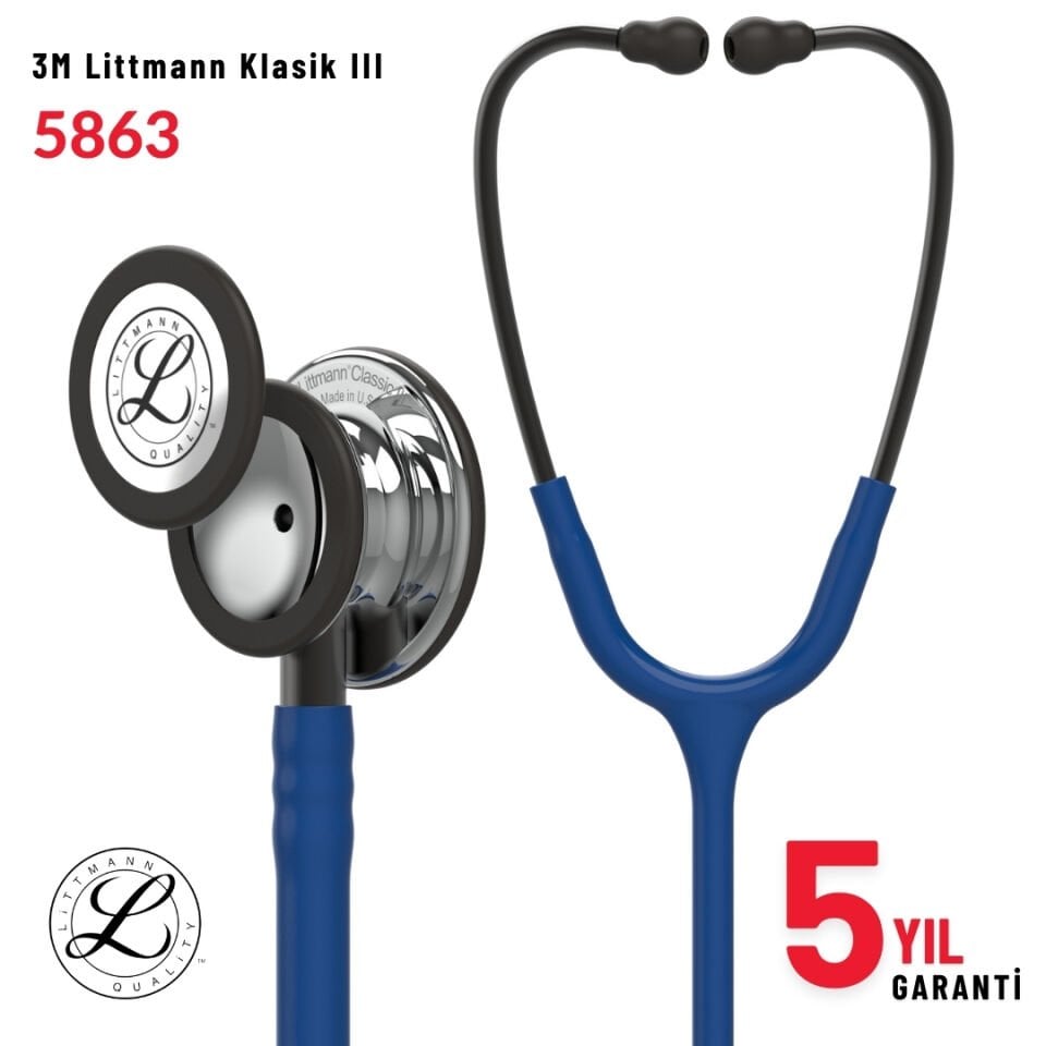 5863 3M™ Littmann® Classic III™ Stetoskop, Gümüş Aynalı Çan, Lacivert Hortum