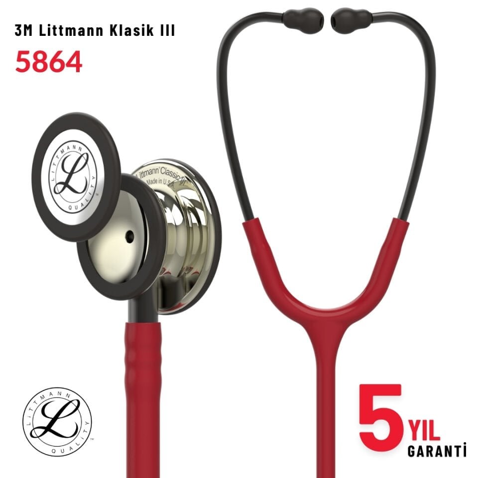 5864 3M™ Littmann® Classic III™ Stetoskop, Şampanya Aynalı Çan, Bordo Hortum