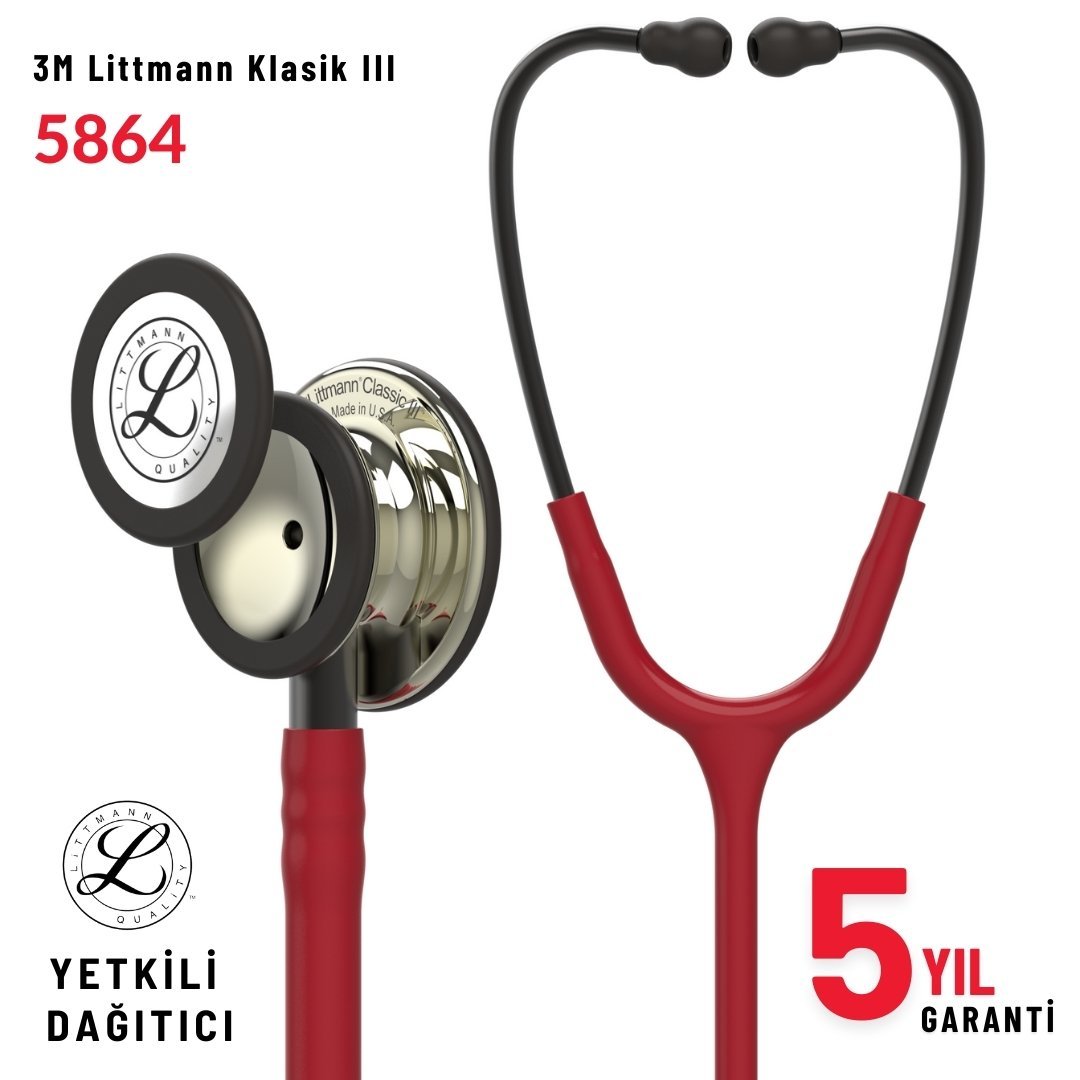 5864 3M™ Littmann® Classic III™ Stetoskop, Şampanya Aynalı Çan, Bordo Hortum