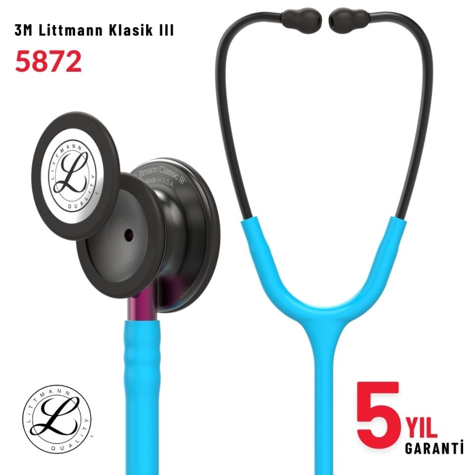 5872 3M™ Littmann® Classic III™ Stetoskop, Duman Siyahı Çan, Turkuaz Hortum