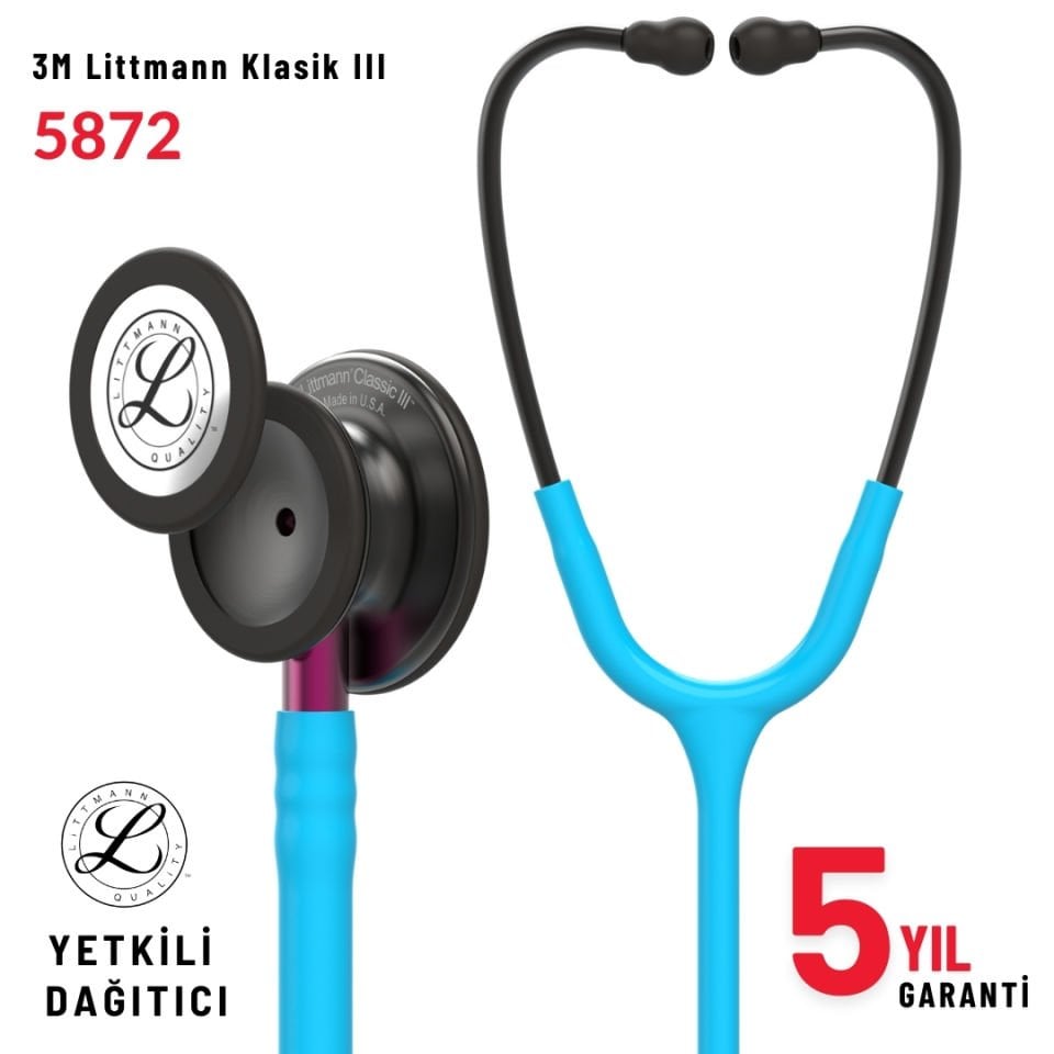5872 3M™ Littmann® Classic III™ Stetoskop, Duman Siyahı Çan, Turkuaz Hortum