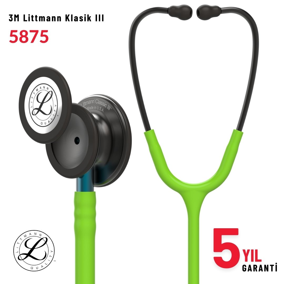 5875 3M™ Littmann® Classic III™ Stetoskop, Duman Siyahı Çan, Limon Yeşili Hortum