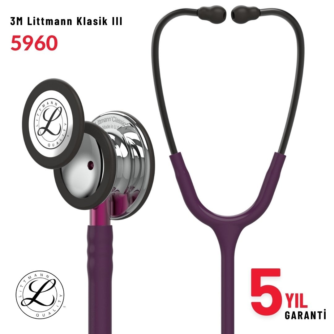 5960 3M™ Littmann® Classic III™ Stetoskop, Gümüş Aynalı Çan, Mürdüm Hortum