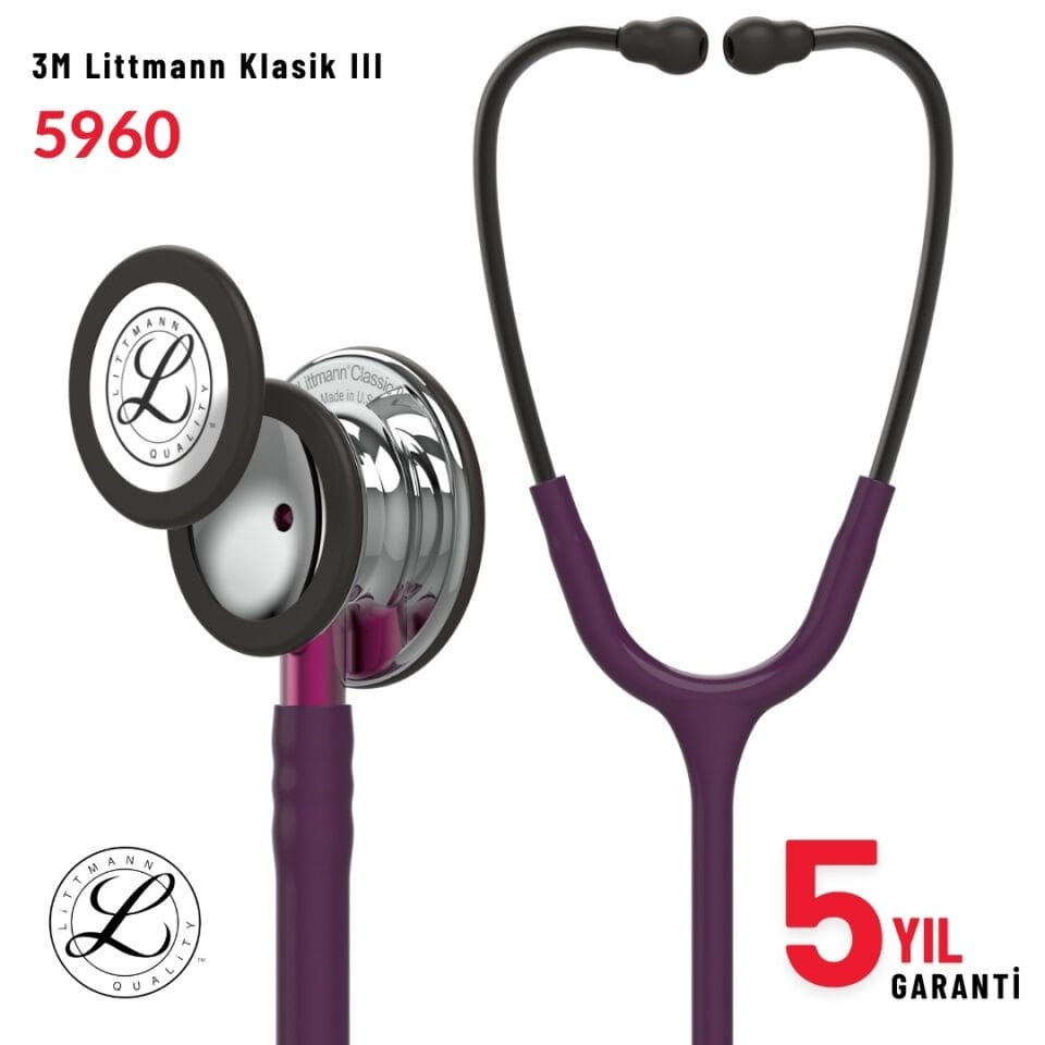 5960 3M™ Littmann® Classic III™ Stetoskop, Gümüş Aynalı Çan, Mürdüm Hortum