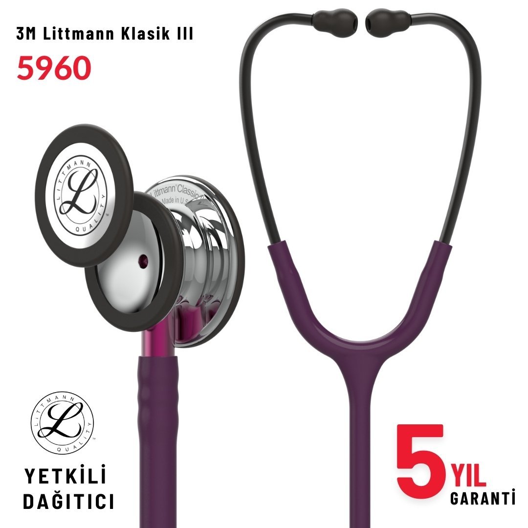 5960 3M™ Littmann® Classic III™ Stetoskop, Gümüş Aynalı Çan, Mürdüm Hortum