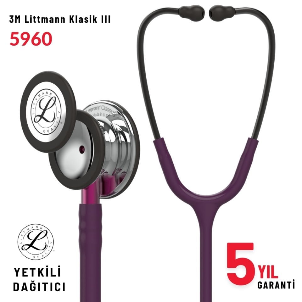 5960 3M™ Littmann® Classic III™ Stetoskop, Gümüş Aynalı Çan, Mürdüm Hortum