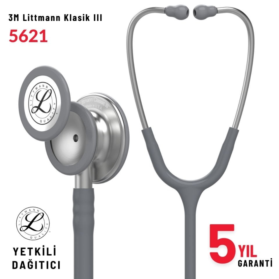 5621 3M™ Littmann® Classic III™ Stetoskop, Paslanmaz Çelik Çan, Gri Hortum