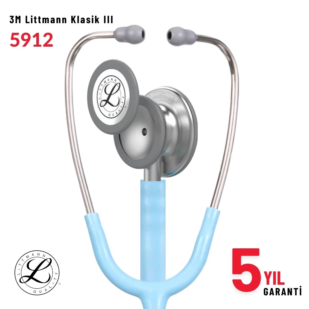 5912 3M™ Littmann® Classic III™ Stetoskop, Gümüş Çan, Deniz Mavisi Saten Hortum