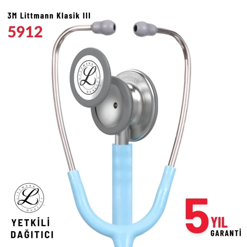 5912 3M™ Littmann® Classic III™ Stetoskop, Gümüş Çan, Deniz Mavisi Saten Hortum