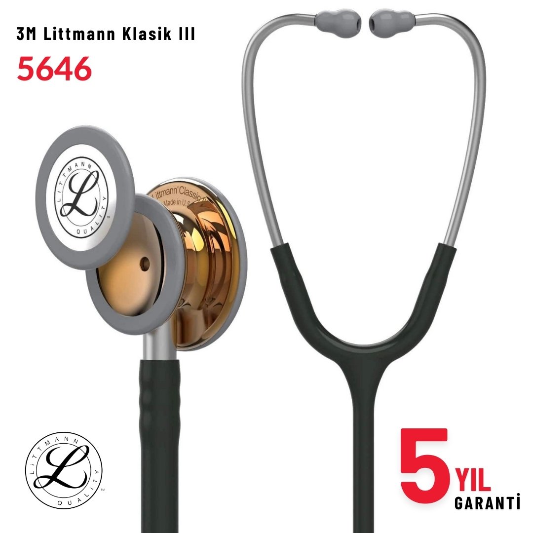 5646 3M™ Littmann® Classic III™ Stetoskop, Bakır Aynalı Çan, Siyah Hortum