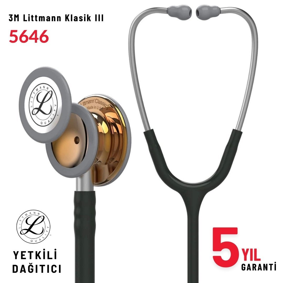 5646 3M™ Littmann® Classic III™ Stetoskop, Bakır Aynalı Çan, Siyah Hortum